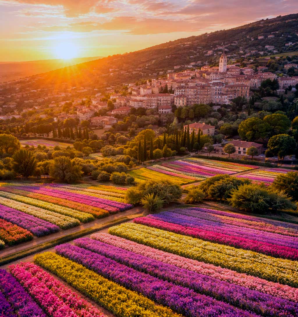 Flower fields in Grasse, France, birthplace of modern European perfumery